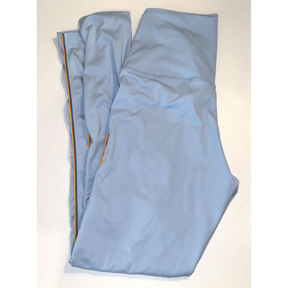 Nike Dri-Fit Light Blue Yoga Luxe Retro High Rise Leggings Rainbow Trim Sz Sm